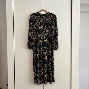 Navy Sheer long sleeve Floral Dress Zara Med